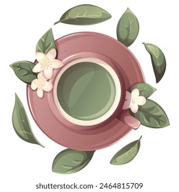 Green tea with jasmine flowers in cup and saucer Illustration for tea shop, cafe, bar, party, tea ceremony, food concept. Vector illustration for  menu, poster, website, banner, flyer, cover