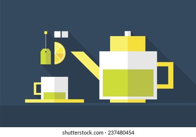 Green tea. Kettle and cup. Flat design. Vector illustration. 