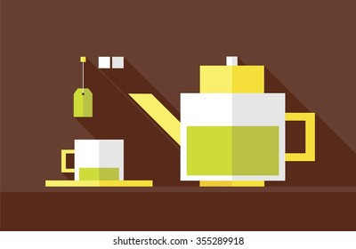 Green tea. Kettle and cup. Flat design. Vector illustration.