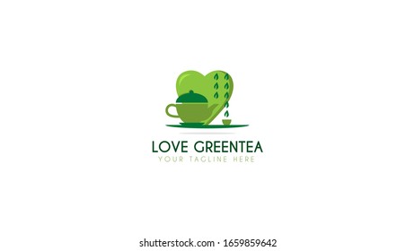 Diseño del logo de un hervidor de té verde combinado con amor, vector