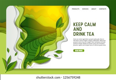 Green tea landing page website template. Vector paper cut spilling aromatic green tea with leaves. Keep calm and drink tea inspirational quotation.