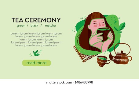 Green tea landing page website template. Girl drinking tea from a mug. Tea tasting. Trend cute cartoon vector illustration