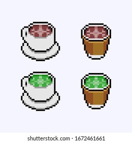 green tea latte and coffee latte pixel art vector illustration