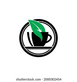 green tea leaf and cup logo vector inside a solid circle