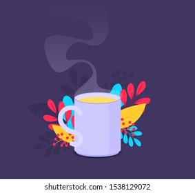 Green tea with leaf. Flat vector
