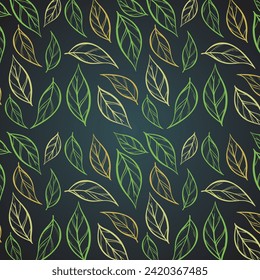 Green tea leaf hand drawn seamless pattern. Sketch tea organic food and drink. Vector illustration, seamless pattern on black background. Floral seamless pattern with tea leaves. Hand drawn tea leaves