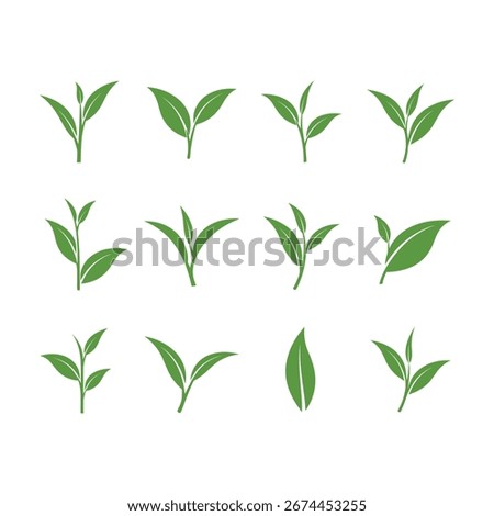 Green tea leaf icons, fresh, simple, vector graphics set, botanical illustrations, natural elements, herbal design, minimal style, eco-friendly, healthy beverage, decorative plant symbols.