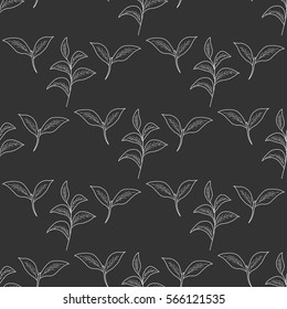 Green tea leaf illustration, branch organic hand drawing sketch, seamless pattern