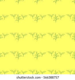 Green tea leaf illustration, branch organic hand drawing sketch, seamless pattern