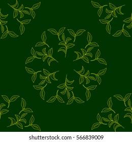 Green tea leaf illustration, branch organic hand drawing sketch, seamless pattern, wreath, closeup
