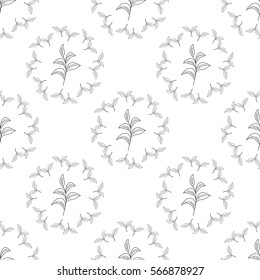 Green tea leaf illustration, branch organic hand drawing sketch, seamless pattern, wreath