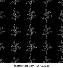 Green tea leaf illustration, branch organic hand drawing sketch, vertical seamless pattern