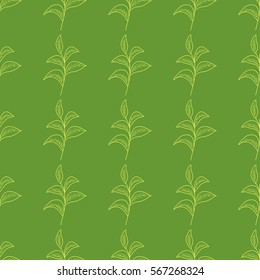 Green tea leaf illustration, branch organic hand drawing sketch, vertical seamless pattern