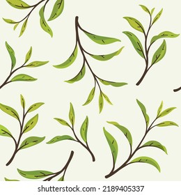 Green tea leaf  seamless pattern. Trendy print with sketch tea twig. Vector botanical illustration.
