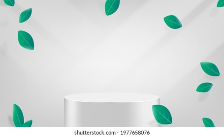 Green tea leaves 3d podium scene, vector illustration. Product stand platform for sale banner, grey background concept. Abstract poster with nature leaf, empty studio pedestal at floor.