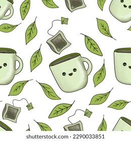 Green tea leaves and tea bags with mug kids seamless vector pattern