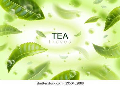 Green tea. Tea leaves circling in a whirlwind in water with bubbles. Tea packaging design. Vector illustration.