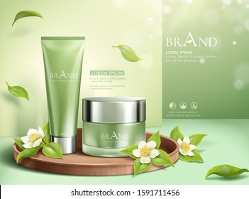 Green tea leaves cosmetic ads with shimmering effect in 3d illustration