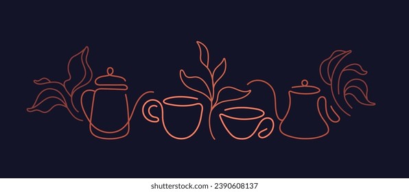 Green tea, leaves and cups logo. Vector line symbol for cafe. Natural herbal aroma drink