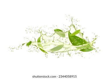 Green tea leaves and drink splash with drops. Vector spill of matcha beverage or drink water with 3d realistic green leaves, falling drops and bubbles. Natural herbal tea beverage wave splash