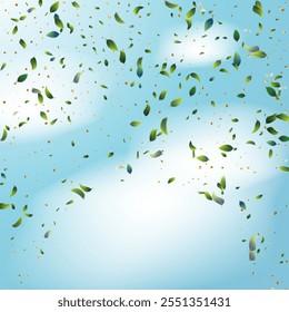 Green Tea Leaves Falling Confetti on Blue Ske Background. Tea Frame. Olive Herb Foliage Mockup Poster. 3d Realistic Mint Plant Illustration. Spring Natural Banner Eco Organic Beauty Product Border.