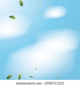 Green Tea Leaves Falling Confetti on Blue Ske Background. 3d Realistic Mint Plant Illustration. Olive Herb Foliage Mockup Poster. Eco Organic Beauty Product Border. Spring Natural Banner Tea Frame.