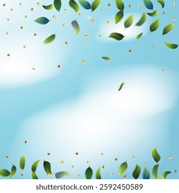 Green Tea Leaves Falling Confetti on Blue Ske Background. Eco Organic Beauty Product Border. 3d Realistic Mint Plant Illustration. Tea Frame. Olive Herb Foliage Mockup Poster. Spring Natural Banner