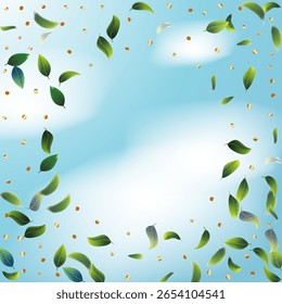 Green Tea Leaves Falling Confetti on Blue Ske Background. Spring Natural Banner Olive Herb Foliage Mockup Poster. 3d Realistic Mint Plant Illustration. Eco Organic Beauty Product Border. Tea Frame.