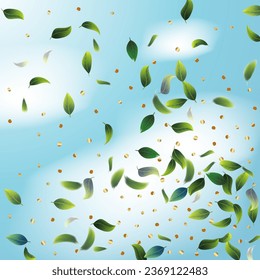 Green Tea Leaves Falling from Corner Confetti on Blue Ske Background. Spring Natural Banner Eco Organic Beauty Product Border. 3d Mint Plant Illustration. Tea Frame. Olive Herb Foliage Mockup Poster.