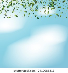 Grüne Teeblätter fallen von Corner Confetti auf blauem Hintergrund. 3D-Minze-Pflanze-Illustration. Öko-Bio-Beauty-Produktgrenze. Frühlingsanfter Naturbanner-Rahmen. Olive Herb Foliage Mock up Poster.