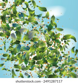 Hojas de té verde cayendo de confeti de esquina sobre fondo de sake azul. Marco de té. Ilustración de planta de menta 3d. Borde de Producto de belleza ecológica. Afiche de maqueta de follaje de hierba de olivo. Anuncio natural de primavera