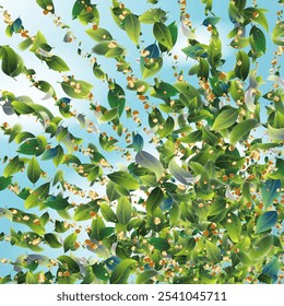 Green Tea Leaves Falling from Corner Confetti on Blue Ske Background. 3d Mint Plant Illustration. Spring Natural Banner Tea Frame. Olive Herb Foliage Mockup Poster. Eco Organic Beauty Product Border.
