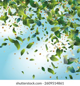 Green Tea Leaves Falling from Corner Confetti on Blue Ske Background. Spring Natural Banner 3d Mint Plant Illustration. Eco Organic Beauty Product Border. Tea Frame. Olive Herb Foliage Mockup Poster.