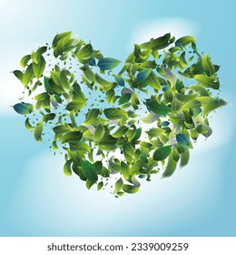 Green Tea Leaves Falling in Heart Confetti on Blue Ske Background. Eco Organic Valentine's Day Card. Spring Natural Banner Olive Herb Foliage Mockup Poster. Tea Frame. 3d Mint Plant Illustration.
