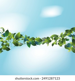 Green Tea Leaves Falling in Stripes Confetti on Blue Ske Background. Eco Organic Beauty Product Border. 3d Mint Plant Illustration. Olive Herb Foliage Mockup Poster. Tea Frame. Spring Natural Banner