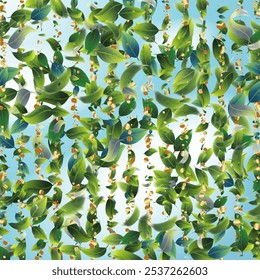 Green Tea Leaves Falling in Stripes Confetti on Blue Ske Background. 3d Mint Plant Illustration. Olive Herb Foliage Mockup Poster. Spring Natural Banner Tea Frame. Eco Organic Beauty Product Border.
