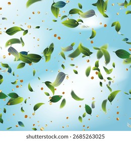 Hojas de té verde que caen en el confeti de las rayas en fondo azul del humo. Marco de té. Ilustración de planta de menta 3d de Anuncio natural de primavera. Eco Producto de Belleza Orgánica. Póster de maqueta de follaje de hierba de olivo.