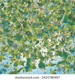 Green Tea Leaves Falling from Top on Blue Ske Background. 3d Realistic Mint Plant Illustration. Eco Organic Beauty Product Placeholder. Tea Emblem. Olive Herb Foliage. Spring Natural Banner