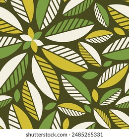 Green tea leaves geometric bauhaus seamless pattern in flat style, banner, wrapping paper, wallpaper, fabric, background