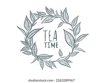 Hojas de té verde. Dibujado a mano, vector.	