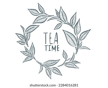 Hojas de té verde. Dibujado a mano, vector.	