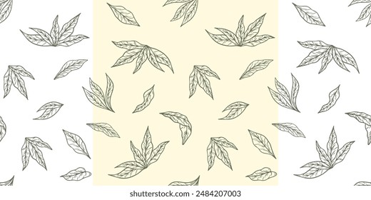 Té verde hojas dibujado a mano sin patrón. Ilustración vectorial. Patrón sin costuras de hojas de plantas para impresión y diseño.