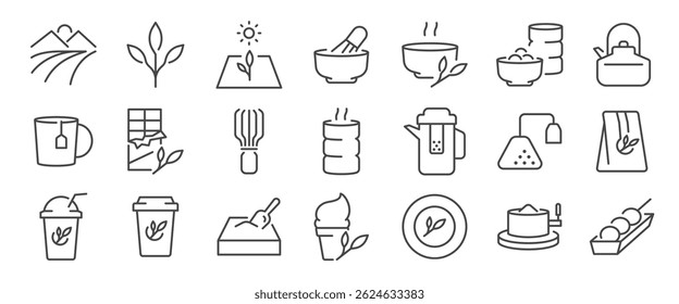 green tea leaves icon set.  It includes matcha, tea cup, tea, drink, farm, and more icons. Editable Vector Stroke.