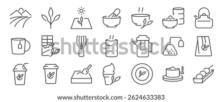 green tea leaves icon set.  It includes matcha, tea cup, tea, drink, farm, and more icons. Editable Vector Stroke.
