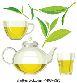 Green tea leaves, tea, kettle, cup, glass, flat illustration, set