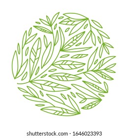 Green tea leaves line vector round emblem for organic products, jewelry, beauty and fashion industry. Greate for logo, invitation, flyer, menu, brochure, business card, banner, background.