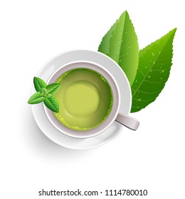 Green tea leaves manu and postcard vector nature background, natural cosmetics and health care products, green tea cup brochure, banner, poster, vector illustration.