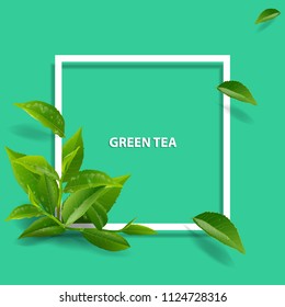 green tea leaves in motion on a green background. Element for design, advertising, packaging of tea products illustration.
