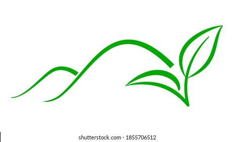 Green tea leaves and mountains outline. Vector abstract illustration of line strokes. Graphic element, design, logo, emblem.