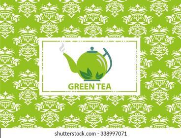 Green tea with the leaves on a green background